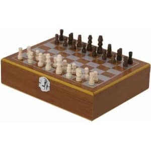A wooden chess set featuring light and dark pieces on a checkered board, stored in a box with a clasp.