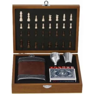 A chess set with wooden pieces, leather wallet, two silver cups, dice, and playing cards in a wooden case.