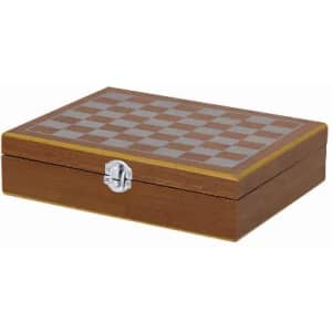 A wooden chess set box with a checkered lid design and a silver clasp, featuring a rich brown finish.