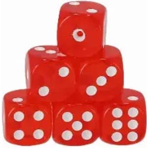 A stack of six red dice, each featuring white dots, arranged in a pyramid shape.