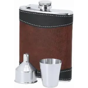A drink bottle with a brown leather cover, accompanied by a stainless steel funnel and shot glass.