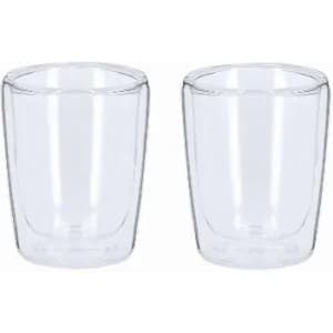 Two clear glass tumblers with a double-walled design, showcasing a sleek and minimalist appearance.