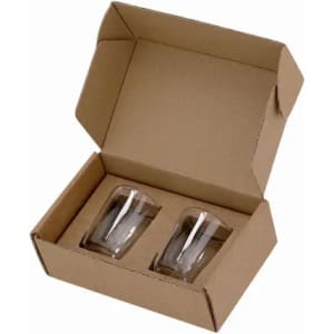 A box containing two clear glass drinkware items, neatly arranged inside without any additional decor.