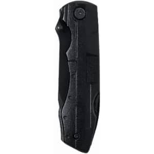 A folding knife in black, featuring a textured grip and a safety mechanism. It has a simple, compact design.