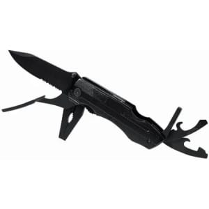 A multi-tool knife in black featuring a folding design with various practical tools and a sharp blade.