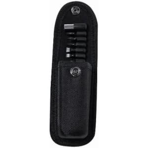 A compact black tool holder featuring multiple bits securely stored inside a durable case.