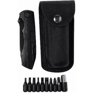 A black multi-tool with a case and various screwdriver bits displayed alongside it.