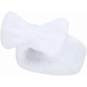 A white fluffy hairband with a bow design, made from soft material. It features a logo on the side.