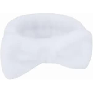 A white headband with a bow detail, made of soft fabric, featuring a branding logo.