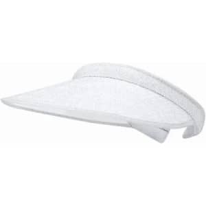 A white visored cap with a curved brim and an adjustable strap at the back. It features a logo on the front.