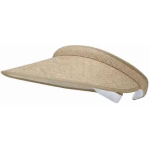 A straw visor hat in a natural beige colour, featuring a wide brim and adjustable strap at the back.