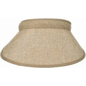A wide-brimmed sun hat in a natural beige colour, featuring a textured craft material and a matching trim.