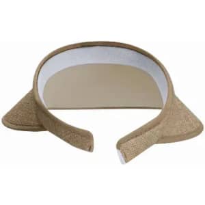 A sun visor in shades of tan, featuring a soft fabric on the underside and a curved brim. Includes a branding logo.