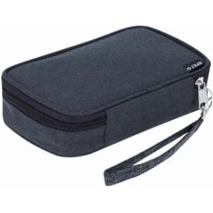 A dark grey zippered pouch with a wrist strap, featuring a textured fabric. It has a simple, minimalist design.