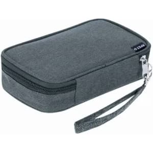 A grey travel pouch with a zip closure and a wrist strap, featuring a simple design and a logo.