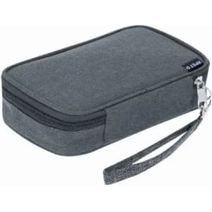 A grey zippered pouch with a wrist strap, featuring a subtle branded logo on the side.