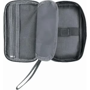 A grey travel pouch with a zipper compartment and a mesh pocket, featuring a wrist strap for easy carrying.