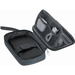 A grey zippered case with multiple compartments for organising cables and small items. Contains mesh pockets and a flat area.