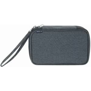 A grey zippered pouch with a wrist strap, featuring a simple design and a subtle logo.