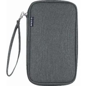 A grey zippered pouch with a wrist strap. The fabric has a textured appearance and features a logo.