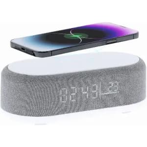 A grey smart speaker with a clock display, positioned below a smartphone featuring a vibrant screen.
