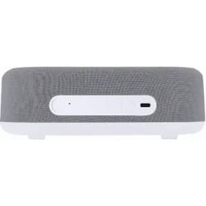 A speaker with a grey fabric exterior and a white base, featuring control buttons and a USB-C port.