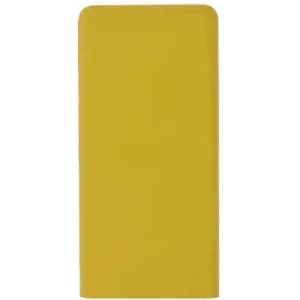 A drink bottle in yellow with a smooth design and a logo on the side.