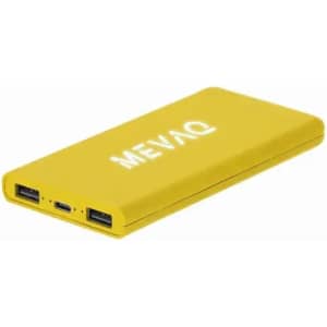 A portable power bank in bright yellow, featuring multiple USB ports and a branding logo.