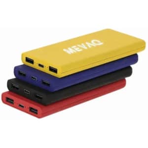 A set of four power banks in yellow, purple, black, and red, each featuring multiple USB ports.