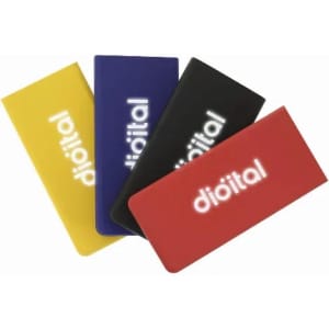 A set of four wallets in yellow, purple, black, and red, each featuring a logo.