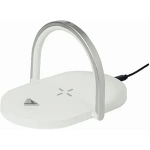 A charging station with a sleek white base and a metallic silver handle. It includes a charging indicator.