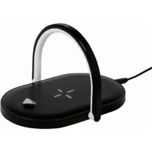 A black wireless charging pad with a handle, featuring an indicator light and a single button.