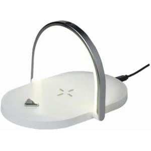 A wireless charging stand featuring a sleek white base and a silver arch. It has an LED light for illumination.