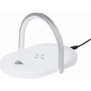 A wireless charger with a white base and a silver handle, featuring a sleek, modern design.