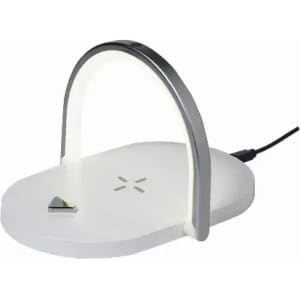 A desk lamp with a curved silver arm and a white oval base, featuring a built-in light for illumination.