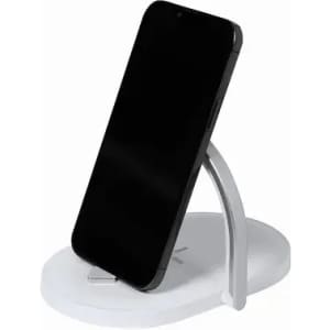 A phone stand with a sleek white base and a grey holder, supporting a black phone in an upright position.