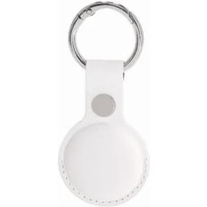 A keyring featuring a circular white tag with a leather-like finish and a metal attachment ring.