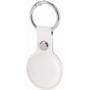 A white keyring with a circular holder and a metal clasp, featuring a simple button closure.