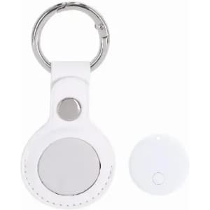 A keyring featuring a white circular holder for a tracking device, alongside the removable tracking disc.