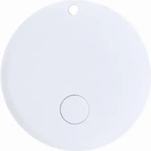 A round white device with a small button in the centre and a hole for attachment.