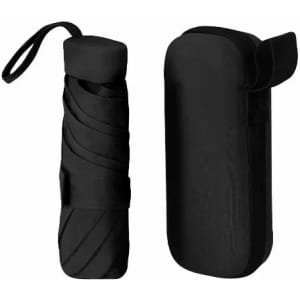 A black umbrella with a sleek storage case, featuring a simple design and a loop for carrying.