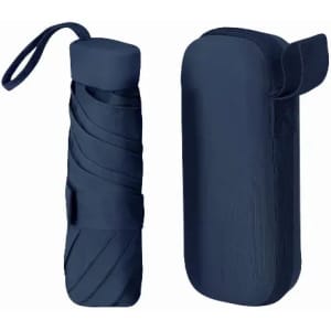 A drink bottle and its navy blue holder, featuring a sleek design and an attached strap.