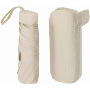 A drink bottle in a neutral beige colour, featuring a secure lid and a matching carrying case.