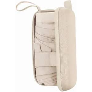A compact storage case in beige containing rolled bandages inside, with a zippered closure and a handle.