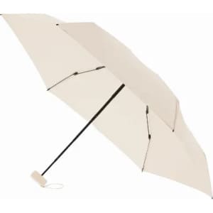 A cream-coloured umbrella with a black frame and a handle, featuring a logo.
