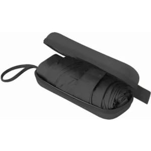 A drink bottle in a black carrying case, with the bottle rolled up inside. The case has a handle for easy transport.