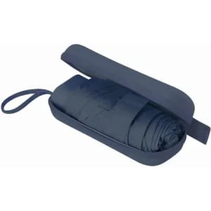 A navy blue drink bottle with a matching case, featuring a strap for easy carrying.