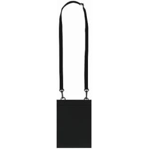 A black lanyard holder with an adjustable strap, designed for carrying cards or small items.