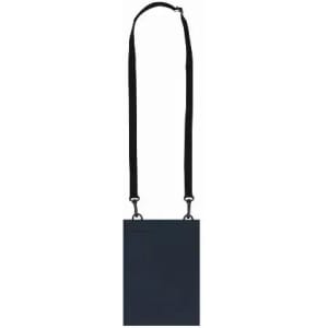 A navy blue bag with a black strap, designed for carrying with an adjustable length.