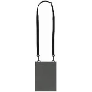 A grey promotional product with a strap, featuring a simple design and a rectangular shape.